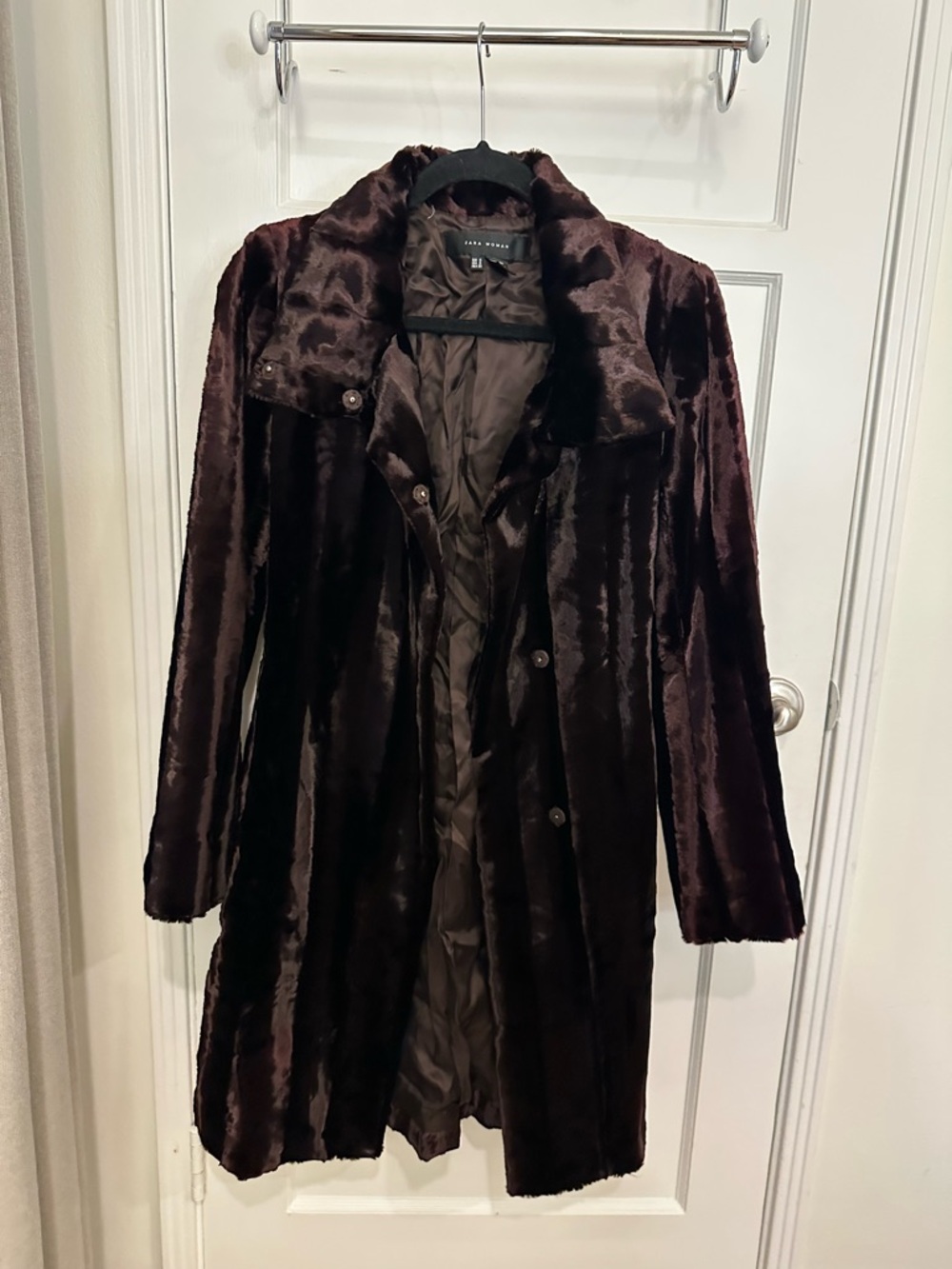 Zara Faux Fur Long Coat in Deep Brown, Size S